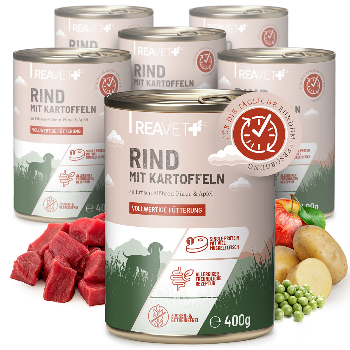 Produktbild von ReaVET Premium Hundenassfutter Rind mit Kartoffeln, Erbsen, Möhrenpüree & Apfel - 6 x 400 g