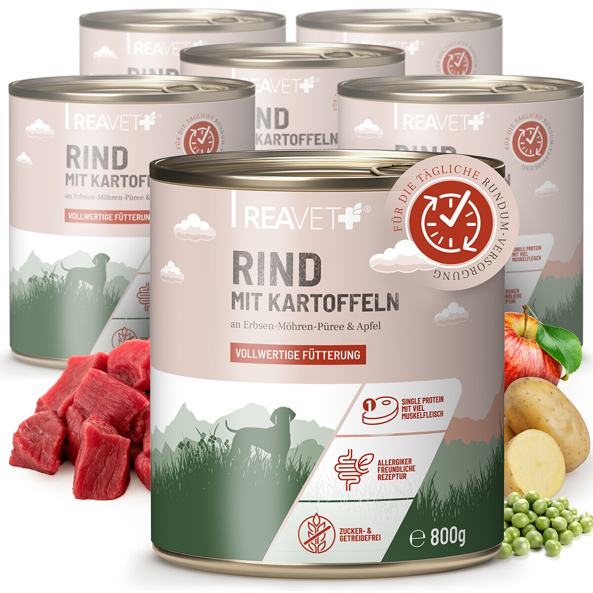 Produktbild von ReaVET Premium Hundenassfutter Rind mit Kartoffeln, Erbsen, Möhrenpüree & Apfel - 6 x 800 g