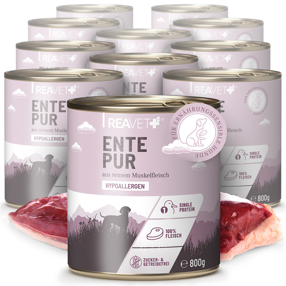 Produktbild von REAVET Hundenassfutter Ente Pur - 12 x 800 g