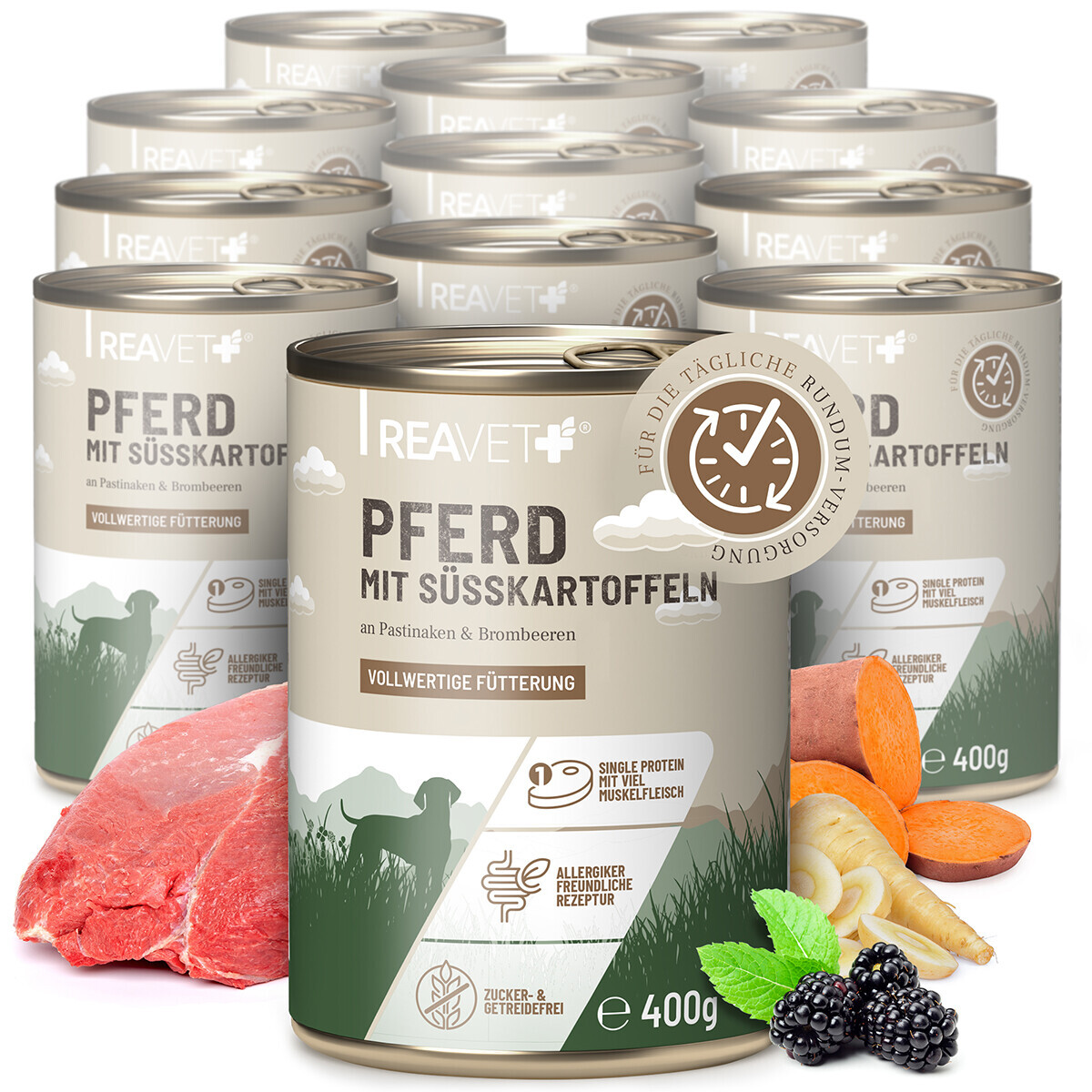 Produktbild von ReaVet Hundenassfutter Pferd mit Süßkartoffeln, Pastinaken & Brombeeren - 12 x 400 g